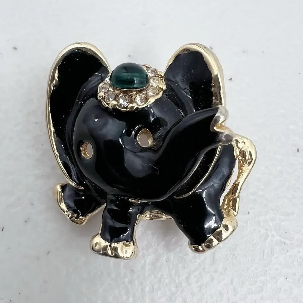 Vintage Unique Circus Elephant Gold Tone & Black Enamel Rhinestone Pin Brooch